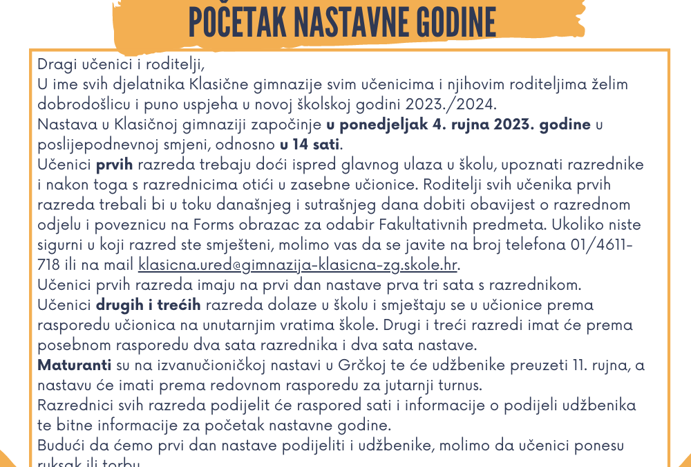 POČETAK NASTAVNE GODINE